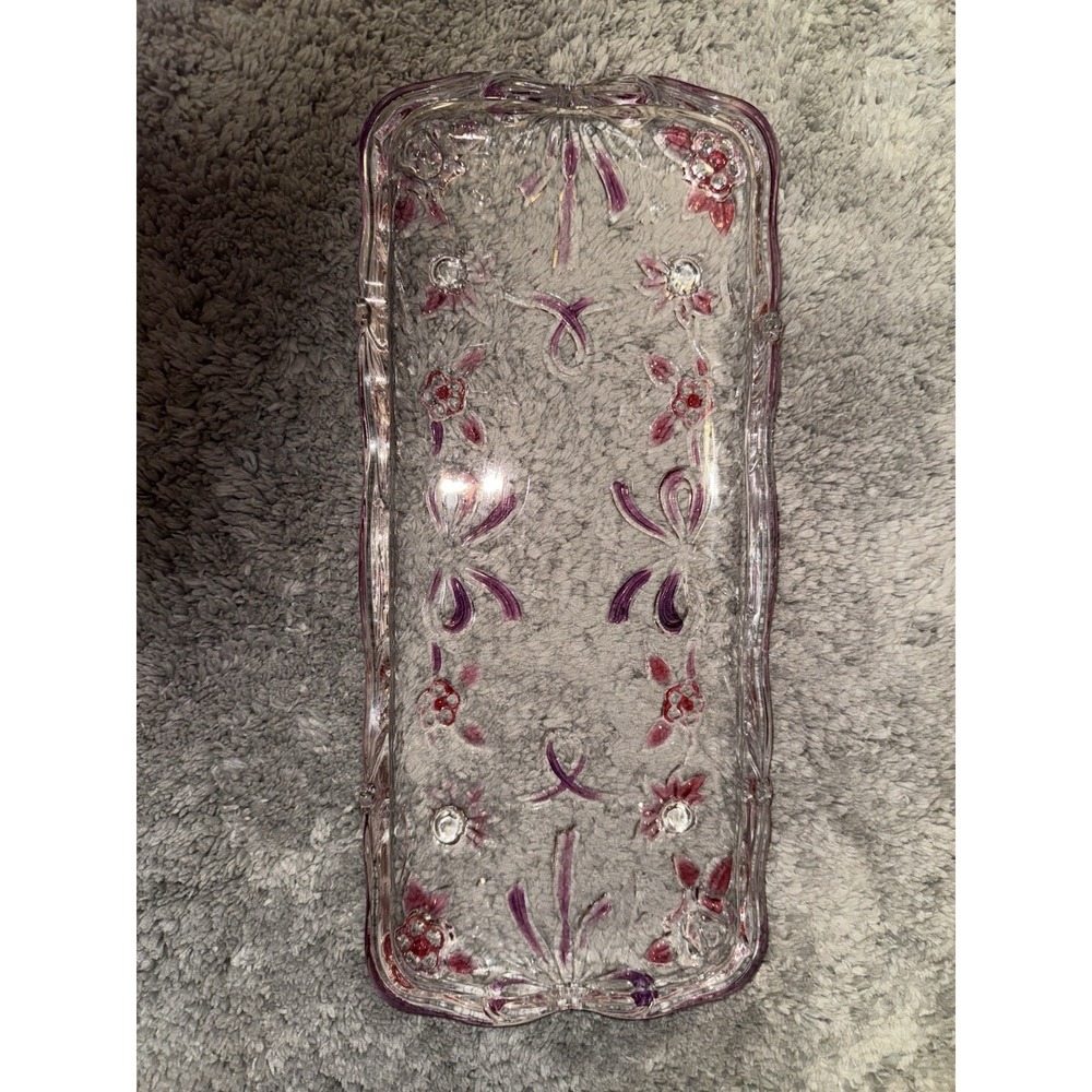 Vtg Set Walther Glass Pink Ribbon Floral Embossed Romantique Tray Only Germany